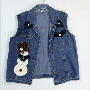 Snowman Embellished Denim Vest Sleeveless Jacket Christmas Womens S/M Holiday